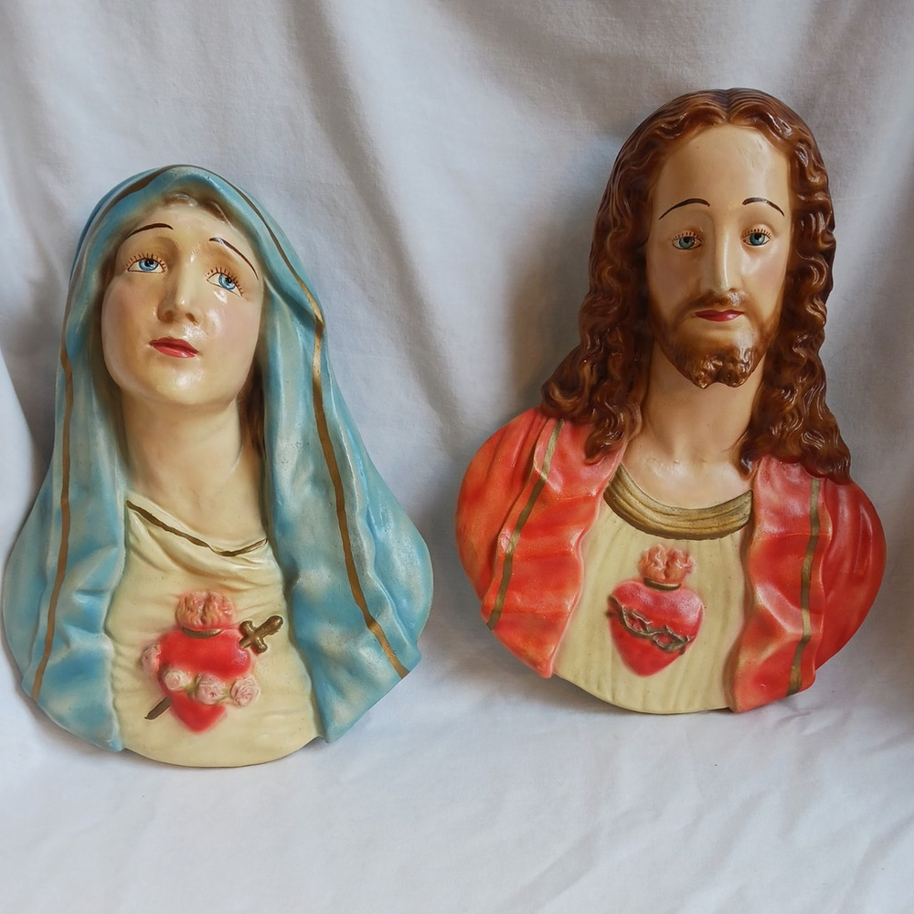 Vintage Sacred Heart Jesus Virgin Mary Chalkware Plaques